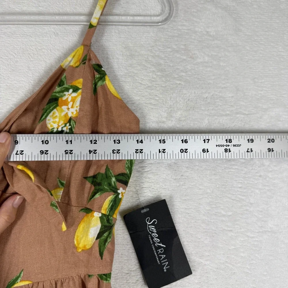 Sweet Rain Lemon Print Linen Blend Tie Front Mini Dress Tan Yellow Small - Picture 3 of 13